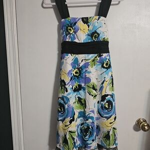 Y2K Dress IZ Byer Sz 7 Blue Floral Fit and Flair  Black Trim Bow Vintage 2000s